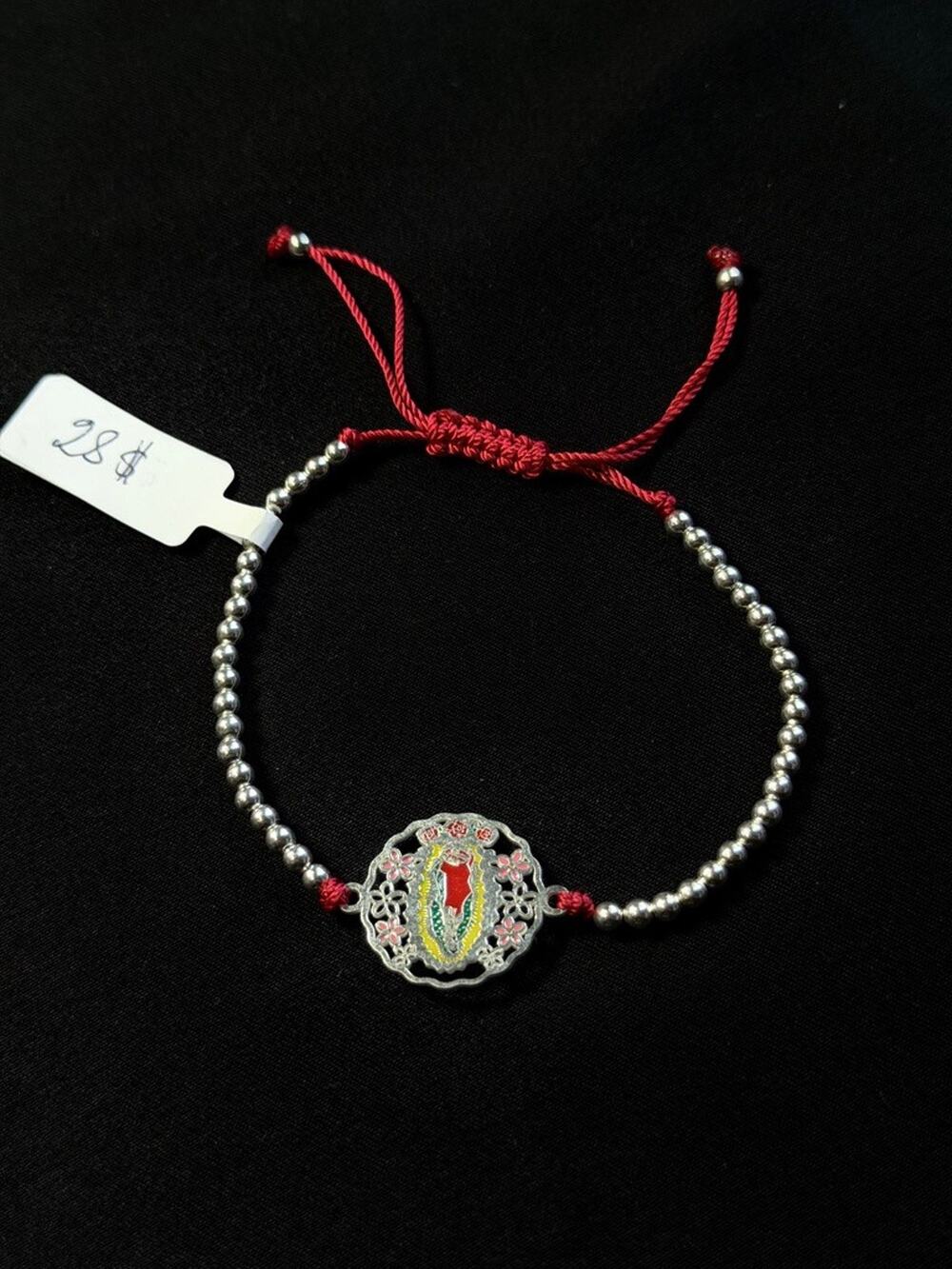 Our Lady of Guadalupe Virgin Mary Red Cord Adjustable Beaded Bracelet Silver